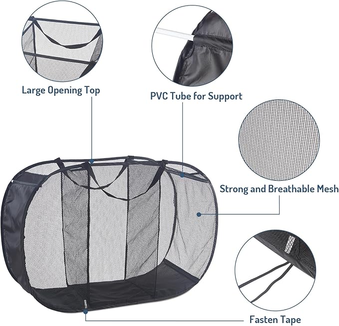 Seiritex Mesh Popup Laundry Hamper 3 Compartment Sortable Horizontal Collapsible Laundry Basket for Clothes Laundry Room Bedroom Toys Travel (Black)