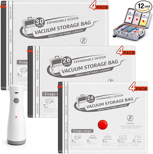 Travel Vacuum Bags with Wireless Rechargeable Pump, Vacuum Seal Bags for Clothing, Compression Space Saver for Luggage & Suitcase, 12 Combo Travel Size