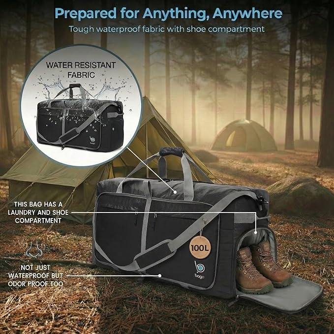 Bago Large Duffle Bag for Travel Women & Men. Durable Lightweight Foldable Travel Duffel Bags For Traveling Women. 100L Duffle Bags for Overnight Bag With Shoe Compartment Collapsible Weekender duffel