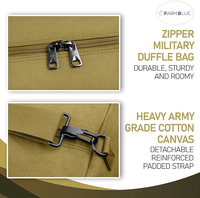 Farm Blue GI Style Zipper Duffle Bag Heavy Duty Army Duffle Bags - Military Grade Cotton Canvas Duffel Bag - Reinforced Camping Bag - Strong Zipper & Center Grab Handle (Olive Drab, X-Large)