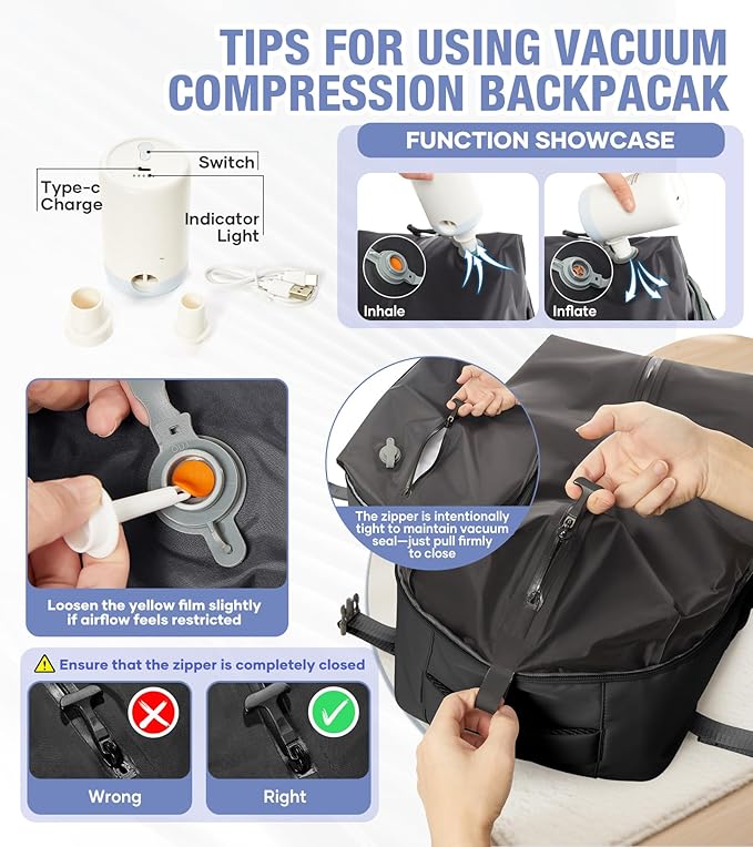Vacuum Backpack Travel with Pump,Large Travel Backpack Vacuum System,mochila de viaje Compresion Waterproof Carry on Personal item Laptop Vacpack Backpacks Bag Men Women Airline Flight Approved Black