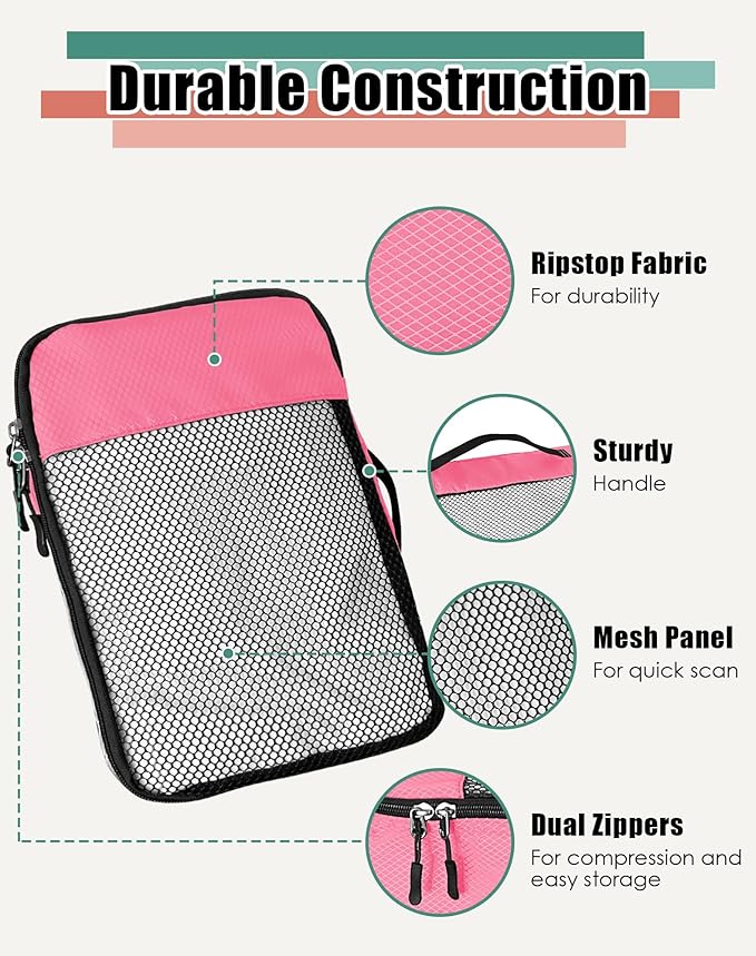 WTREE 4-Piece Packing Cubes Travel Accessories Set for Suitcases - Luggage Organizer Bags with Double Zipper - Mesh Top - Large - Pink