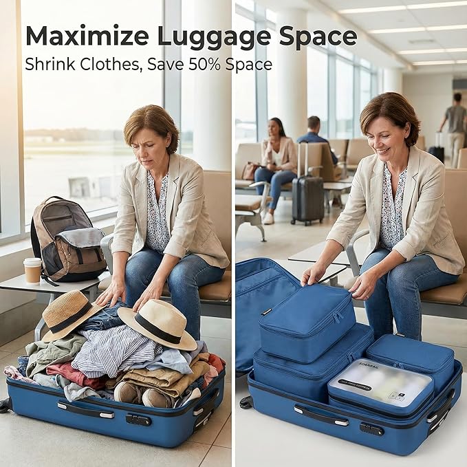 6 Set Compression Packing Cubes for 7–14 Day Travel, Durable Nylon Oxford Luggage Organizers with IP6X Waterproof Toiletry Bag, Expandable Suitcase Packing System (Dark Blue)