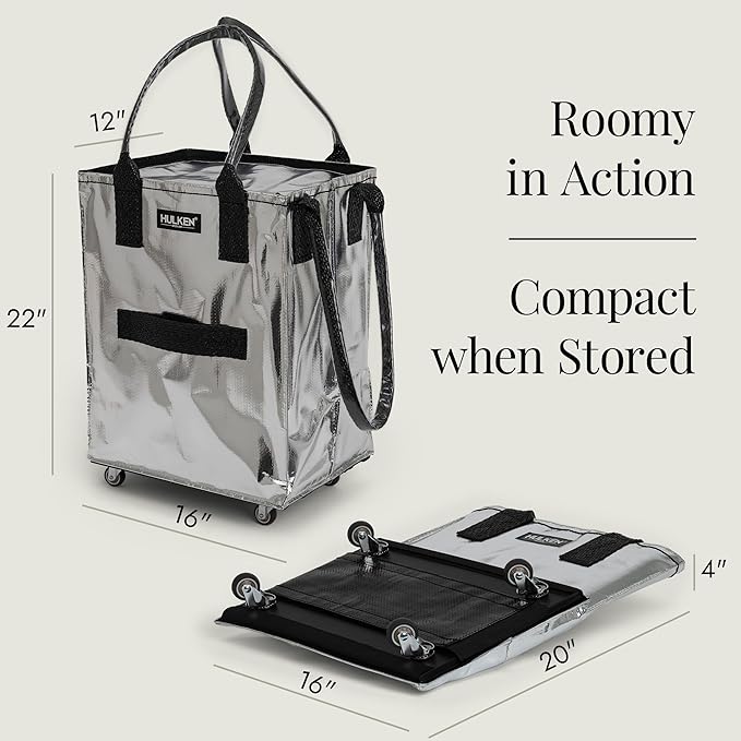 HULKEN (Medium, Silver) Reusable Grocery Bag On Wheels, Shopping Trolley, Rolling Tote, Zipper Closure, Lightweight, Carries Up to 66 lb, Folds Flat, Unbreakable Handles