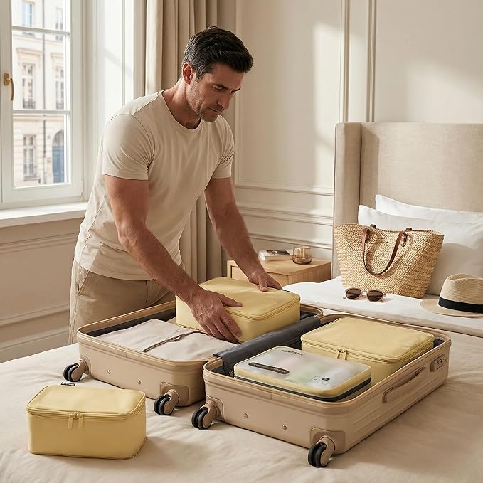 6 Set Compression Packing Cubes for 7–14 Day Travel, Durable Nylon Oxford Luggage Organizers with IP6X Waterproof Toiletry Bag, Expandable Suitcase Packing System (Bright Yellow)