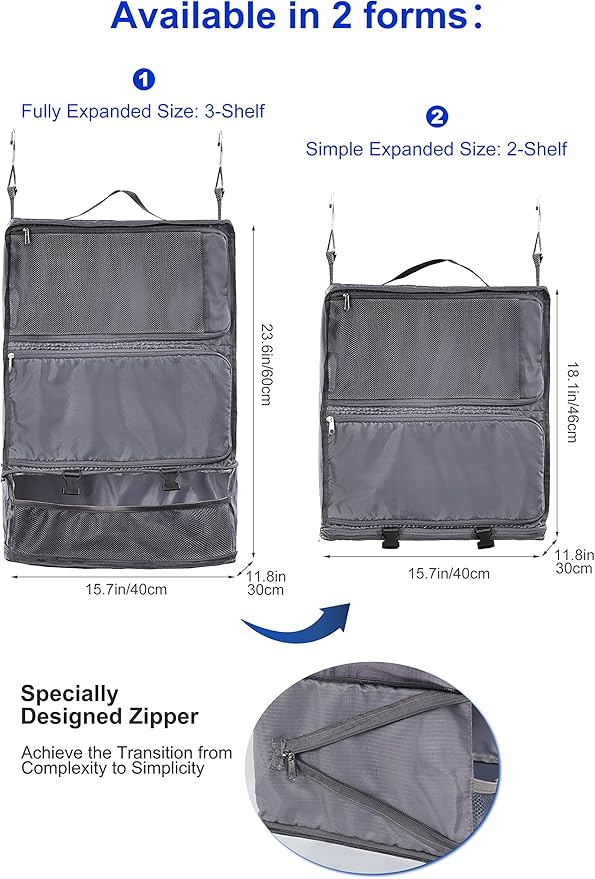 ELEZAY Hanging Packing Cubes Portable Closet 3-Shelf Travel Collapsible Compression Garment Organizer for Carry-on Luggage Suitcase Space Saver Bag XX-Large_No Side Pockets, Gray