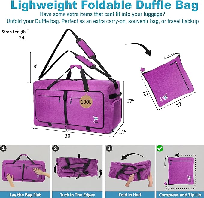 Bago Large Duffle Bag for Travel Women & Men. Durable Lightweight Foldable Travel Duffel Bags For Traveling Women. 100L Duffle Bags for Overnight Bag With Shoe Compartment Collapsible Weekender duffel