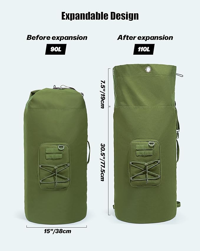 PGmoon Military Duffle Bag,110L Extra Large Army Backpack Heavy Duty Sea Bag with Removable Pocket for Camp, Outdoor or Laundry Bag (Patent Design)