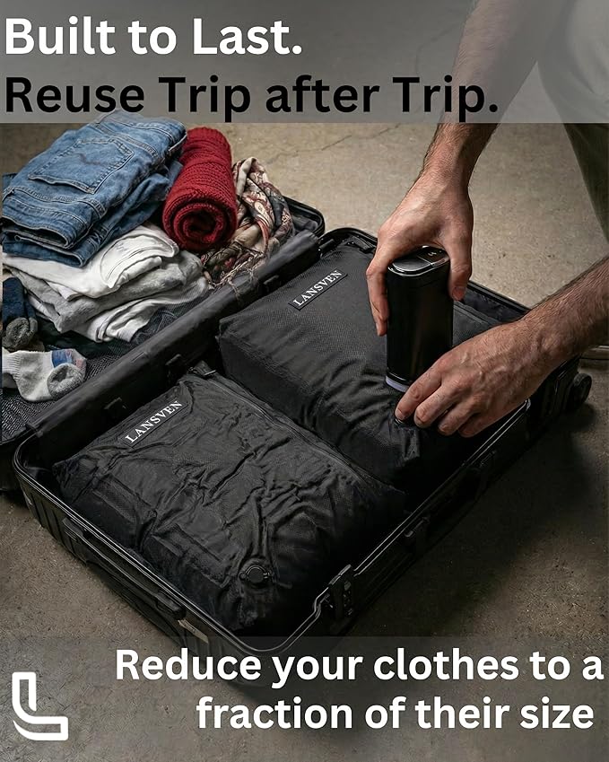 Cordless travel vacuum bag set - Reusable Nylon Compression Bags + Rechargeable Pump - Save 60% Space - travel pack vacuum kit - vacuum travel bags with pump - for Carry-On & Suitcase