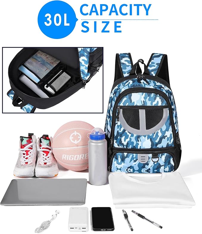 Basketball Bag Backpack for Men Women with Ball & Shoes Compartment 30L Capacity Lightweight Breathable Boys Girls Soccer Ball Bag Backpack Fit Volleyball Football Sports Travel School Gym