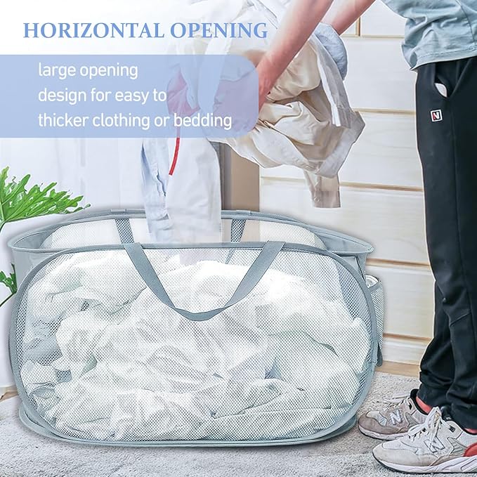4PCS Mesh Laundry Hamper,Collapsible Laundry Baskets,75L Large Foldable Dirty Laundry Clothes Hamper Storage Basket Horizontal with Side Pocket&carry Handle for Home Travel grey Emerald