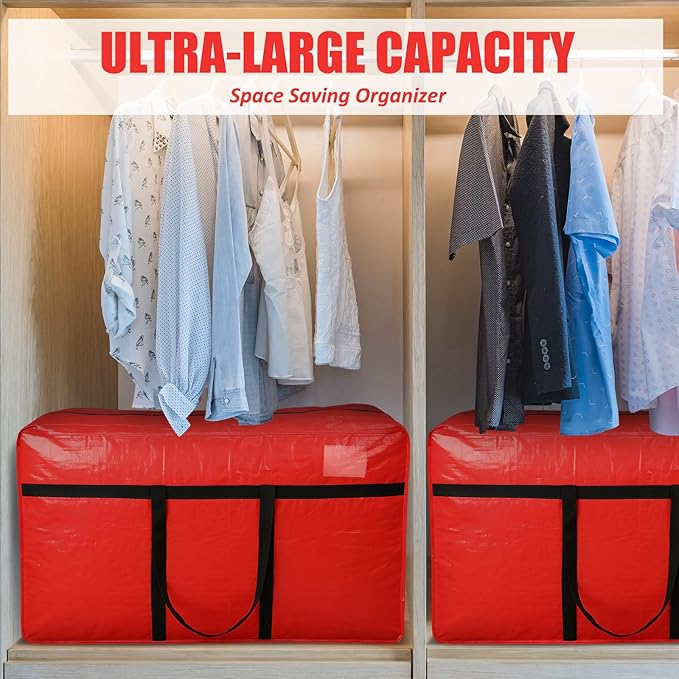 4 Pcs 66 Gallon Extra Large Moving Bags Heavy Duty Storage Bag with Strong Zipper Handle Foldable XXL Jumbo Storage Tote Packing Moving Box for College Dorm Travel Cloth Duffle (Red)