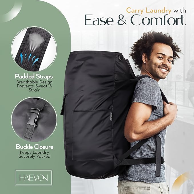 Haevon Laundry Backpack - 131L Heavy Duty Laundry Bag with Padded Shoulder & Waist Straps, Removable Liner - College, Dorm, Apartment, Travel, Outdoor - Big Laundry Bag for Easy Carrying (Black)