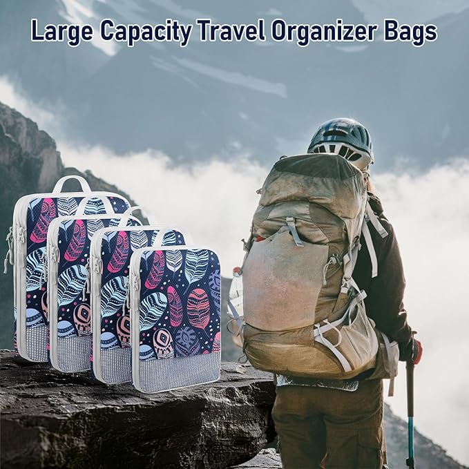 4 Set Compression Packing Cubes, Suitcase Organizer, Lightweight Travel Essentials, Compression Bags For Travel Accessories Luggage Storage Set (4Pcs, feather)