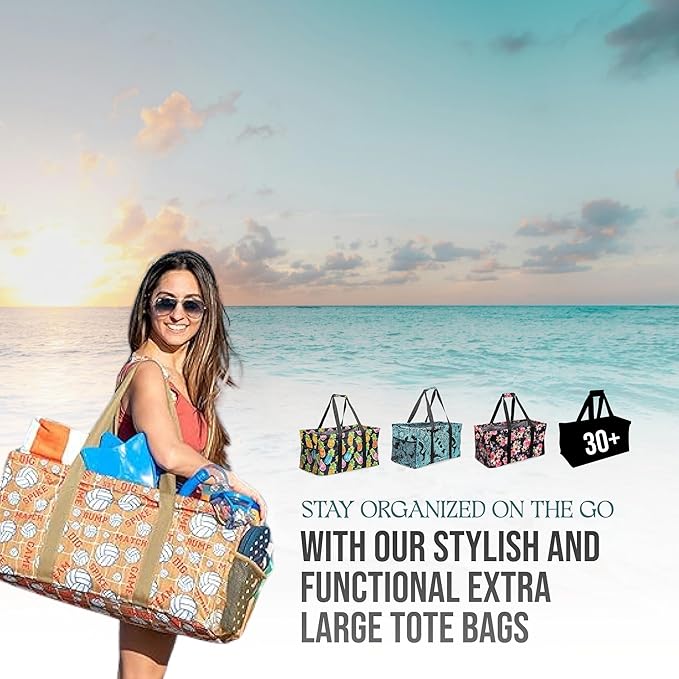 Extra Large Utility Tote Bag, Oversized Collapsible Reusable Wire Frame Rectangular Canvas Basket With Two Exterior Pockets For Beach, Pool, Laundry, Car Trunk, Storage - Geo Grey