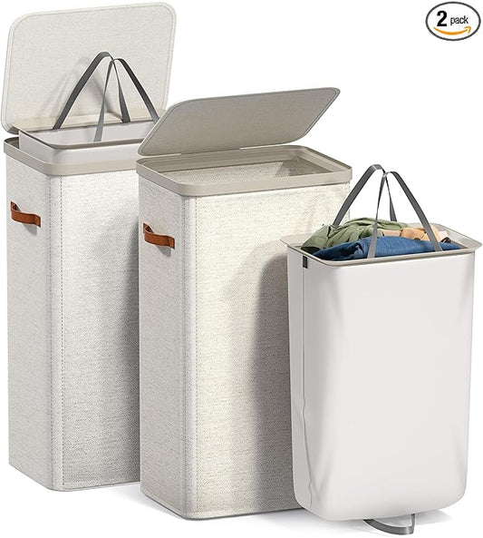 Sorbus Laundry Hamper with Lid – Collapsible Fabric Laundry Basket with Handles and Removable Laundry Bag – 26.5 Gallon (100 L) Dirty Clothes Hamper for Bedroom, bathroom and dorm - 2 Pack (Beige)