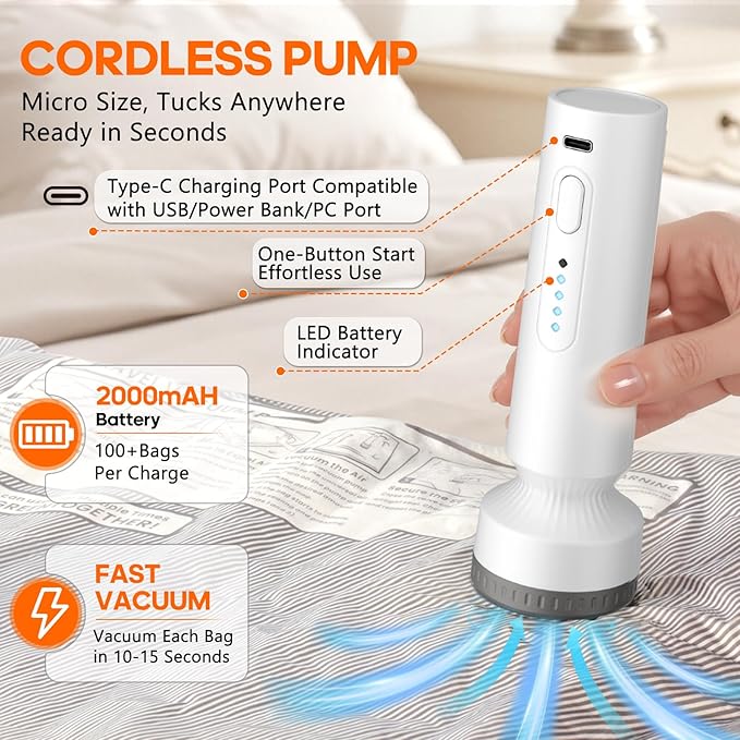 Vacuum Storage Bags, Space Saver Travel Bags with Rechargeable Wireless Pump, Carry-on Size Reusable Tear-Proof Compression Packing Cubes for Heavy Clothes/Bedding/Luggage/Moving 18 Combo Size