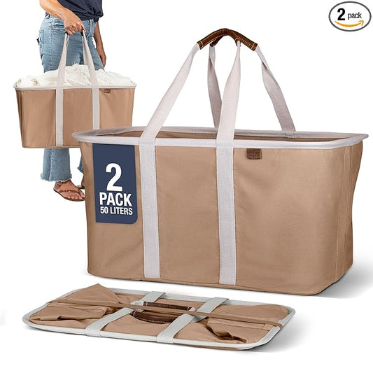 CleverMade Collapsible Laundry Tote 2-Pack (50L) – Foldable Carry-All Storage Bin for Laundry, Car Trunk, RV, Dorm & Home Organization – LUXE Cotton Blend with Vegan Leather Accents, Mocha