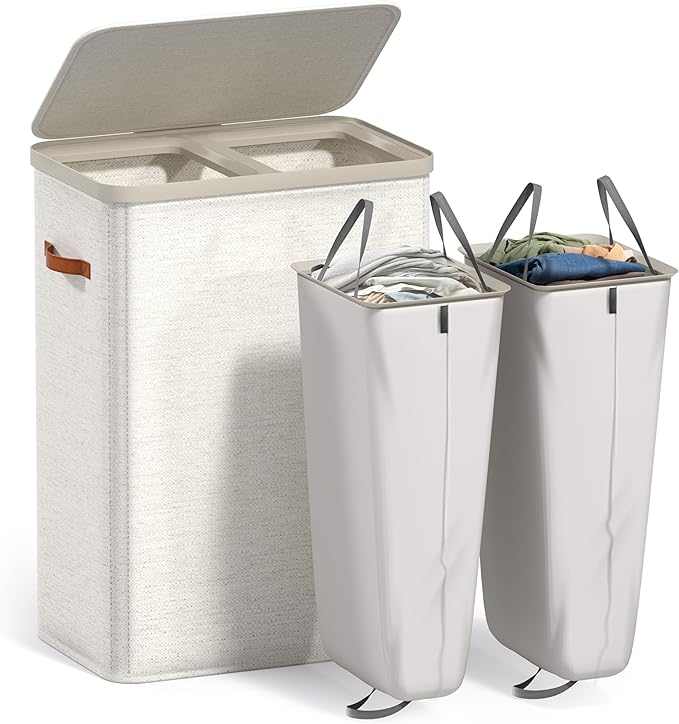 Sorbus Laundry Hamper with Lid - Collapsible 2-Compartment Fabric Laundry Basket with Handles and Removable Laundry Bag – 45 Gallon (170 L) Dirty Clothes Hamper for Bedroom, bathroom and dorm (Beige)