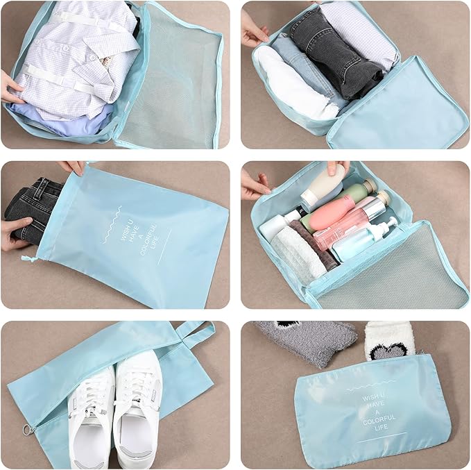 28 Set Packing Cubes for Travel Luggage Organizer Bags Foldable Travel Organizers with Mesh Shoe Bags Toiletry for Suitcases Family Trips Camping (Beige Gray Pink Light Blue)