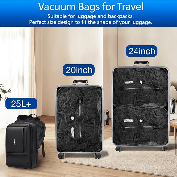 Vacuum Travel Bags with Pump–Electric Wireless Air Pump, Double Layer Vacuum Seal Bags for Clothing Travel, 2PC Airless vacuum bags for travel with IP67 Waterproof (2PC+Pump)