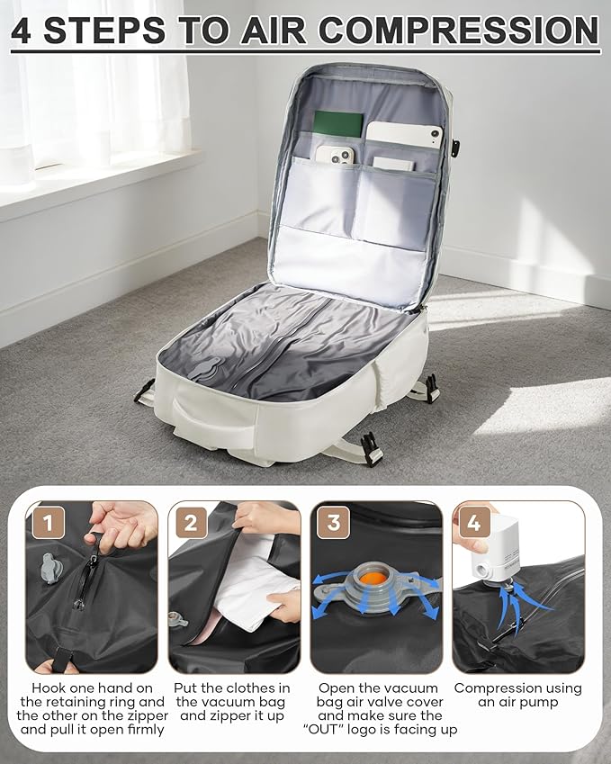 WONHOX Vacuum Seal Backpack for Travel with Air Pump Compression Daypack Personal Item Carry on Flight Approved Vacpack Laptop Space Saver Bags Storage with Vacuum System Travel Bag Women Men Beige