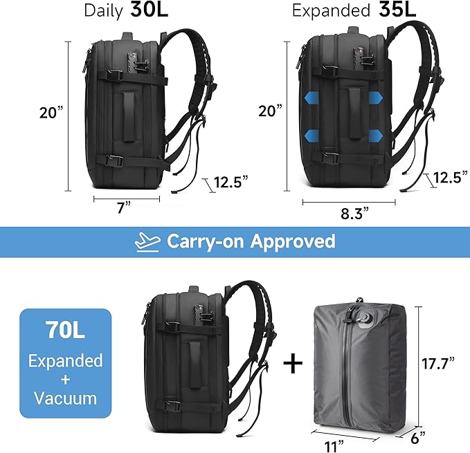 Joryin Air Vacuum Backpack for Travel with Built-in Air Pump,70L Expandable Backpack Vacuum Compression Bag with TSA Lock Waterproof Carry On Large Travel Bag for Airline Laptop Backpack