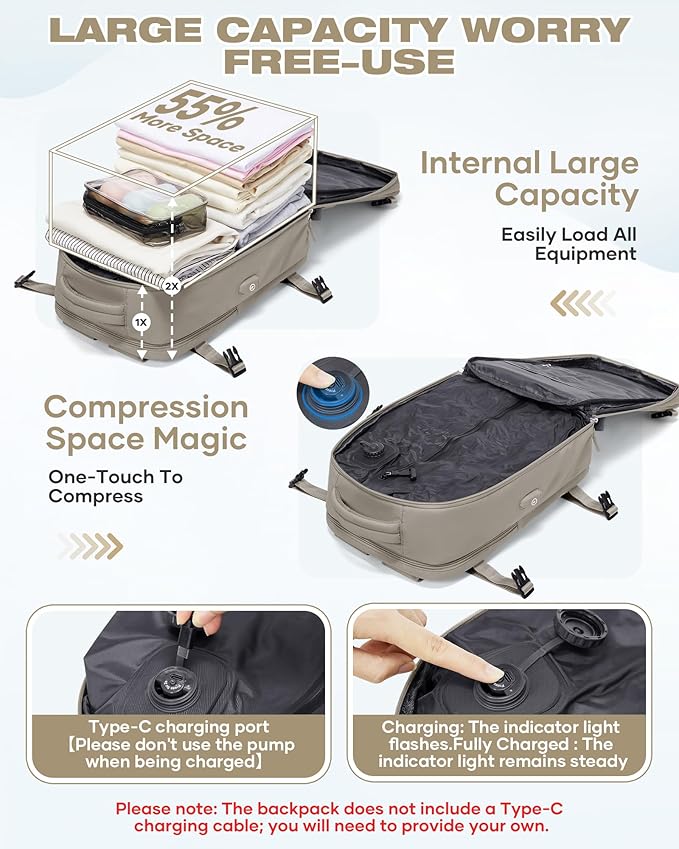 Vacuum Seal Travel Backpack Built-in Pump,Air Compression System Vacuum Vacpack Backpack Travel Bag for Women Men Carry On Suitcase Luggage Laptop Airlines Approved Daypack Space Saver Bags Grey Brown