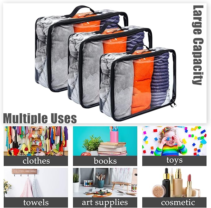 Hillban 6 Pcs Black Large Clear Travel Packing Cube 3 Sizes See Through PVC Organizer for Suitcase Multipurpose Pouch with Handle Vinyl Zippered Storage Bags Luggage Cube Organizer