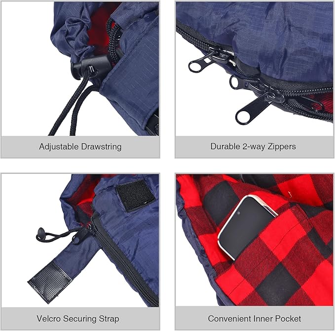 REDCAMP Flannel Sleeping Bag for Adults, Comfortable Cotton Envelope Sleeping Bags for Camping, Backpacking, Hiking, with Detachable Hood&Compression Sack, Blue/Red/Grey/Black