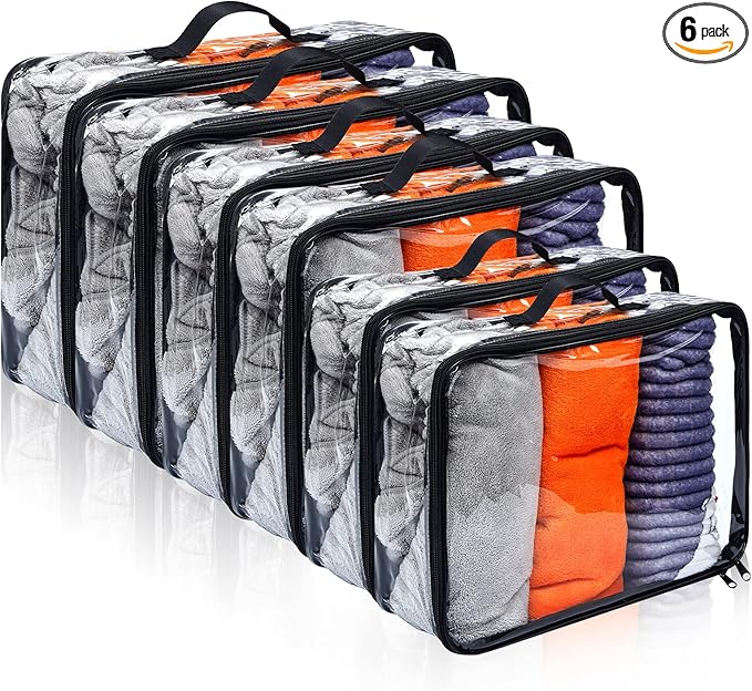 Hillban 6 Pcs Black Large Clear Travel Packing Cube 3 Sizes See Through PVC Organizer for Suitcase Multipurpose Pouch with Handle Vinyl Zippered Storage Bags Luggage Cube Organizer