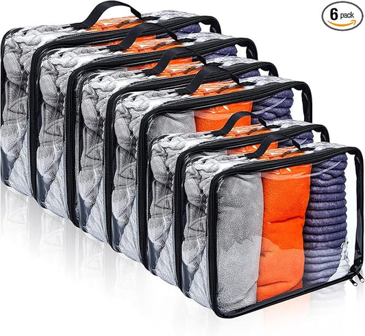 Hillban 6 Pcs Black Large Clear Travel Packing Cube 3 Sizes See Through PVC Organizer for Suitcase Multipurpose Pouch with Handle Vinyl Zippered Storage Bags Luggage Cube Organizer