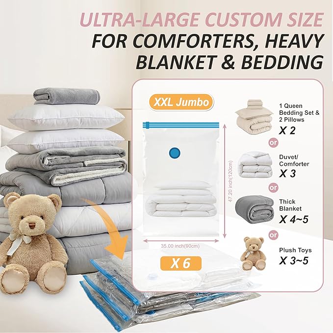 Cozy Essential Vacuum Storage Bags, 80% Compression Vacuum Seal Space Saver Plastic Packaging Bags for Clothes, Blankets, Pillow, Bedding, Comforters, Sealer Clothing Storage,6 XXL Jumbo