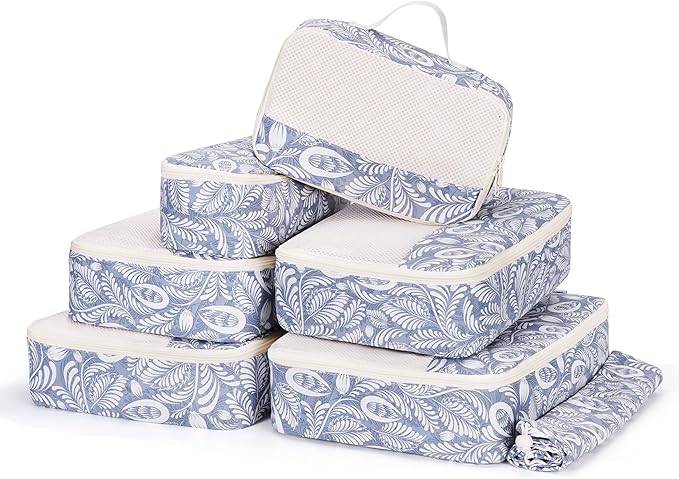 Narwey 7 Set Packing Cubes for Travel, Durable Packing Organizers for Kids Women Men, Carry on Luggage Travel Essentials Accessories (Blue Leaf)