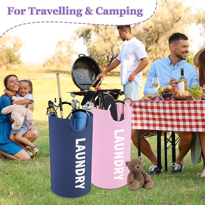 2Pcs Folding Laundry Basket for Adult, 95L Portable Laundry Baskets with Aluminum Handles, Multi-functional Dirty Clothes Hampers for Bedroom, Travel, Navy Blue + Pink