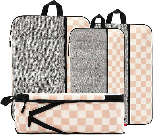 U+U 4 Set Compression Packing Cubes - Ultralight Travel Organizers, Space-Saving Suitcase Organizer, Expandable Packing Cubes for Travel, Business Trip and Family Vacation (Khaki Checkered)