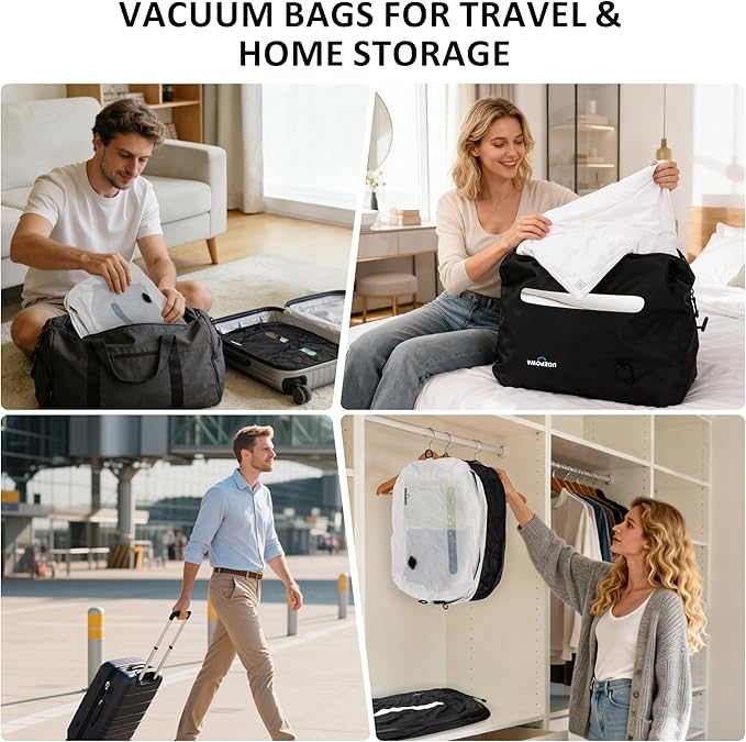 Travel Vacuum Bags with Pump, 33L Vacuum Seal Bags for Clothing, IPX8 Waterproof Vacuum Storage Bags with Handle for Luggage, Backpack, Suitcase, Home & Outdoor 2pack (Black)