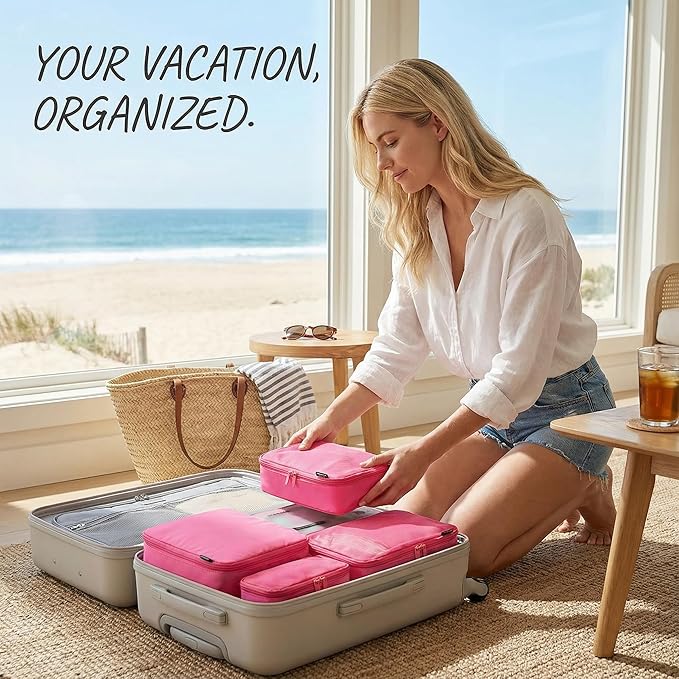 6 Set Compression Packing Cubes for 7–14 Day Travel, Durable Nylon Oxford Luggage Organizers with IP6X Waterproof Toiletry Bag, Expandable Suitcase Packing System (Rose Red)