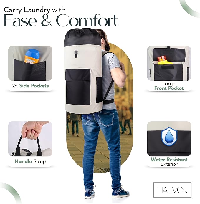 Haevon Laundry Backpack - 131L Heavy Duty Laundry Bag with Padded Shoulder & Waist Straps, Removable Liner College, Dorm, Apartment, Travel, Outdoor - Big Laundry Bag for Easy Carrying (Grey Black)