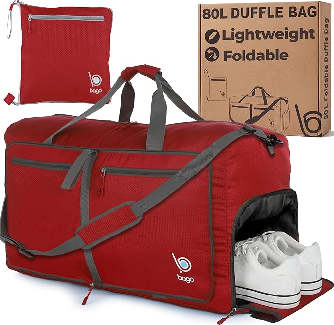 Bago Large Duffle Bag for Travel Women & Men. Durable Lightweight Foldable Travel Duffel Bags For Traveling Women. 80L Duffle Bags For Overnight Bag With Shoe Compartment Collapsible Weekender duffel