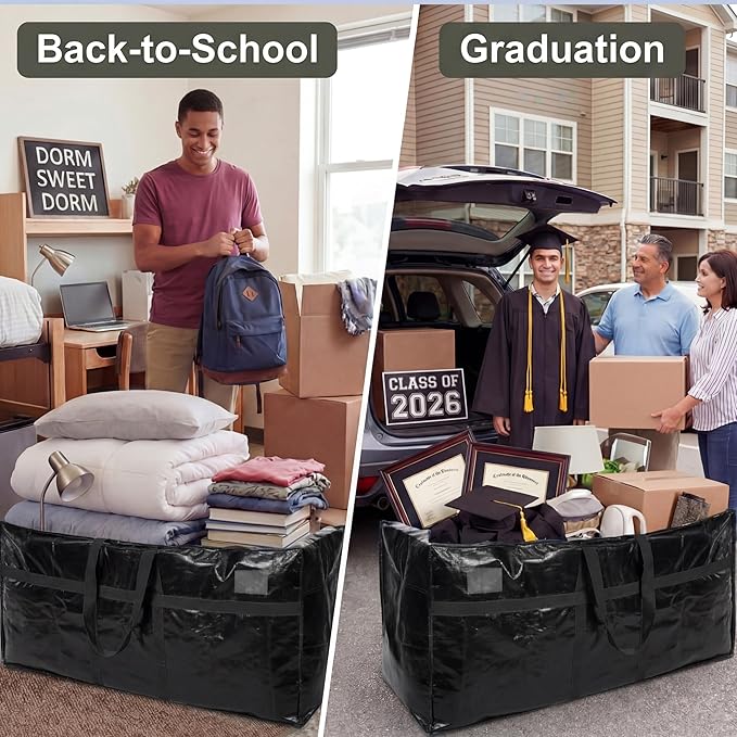 4 Pcs 169 Gallon Extra Large Moving Bags Heavy Duty Storage Bag with Strong Zipper Handle Foldable XXL Jumbo Storage Tote Packing Moving Box for College Dorm Travel Cloth Duffle (Black)