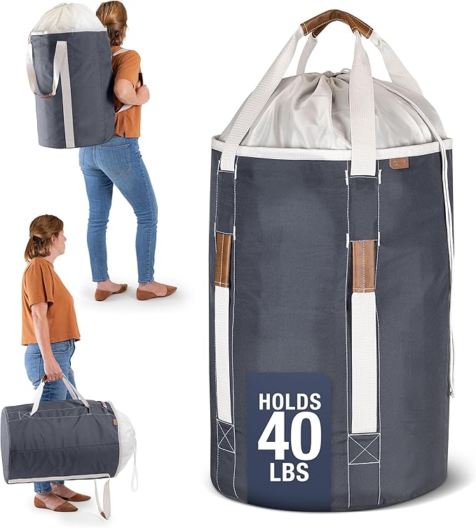 CleverMade Laundry Duffel Backpack Bag, 62L Large Laundry Bag with Straps, Drawstring Closure, Heavy Duty Laundry Backpack for Dorm, Travel, Gym, College, XL Foldable Hamper Tote, Charcoal Cream