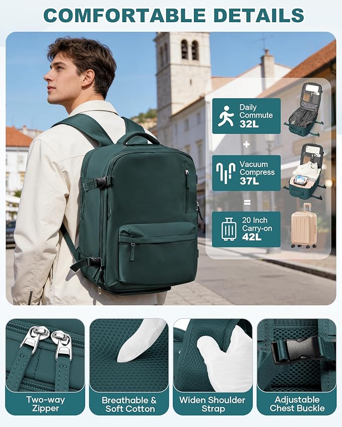 WONHOX Vacuum Travel Backpack Women,Carry On Backpack Flight Approved 18x14x8 inches Bag Spirit Airlines Personal ltem,College Sports Hiking Rucksack Laptop Blackpack mochila de viaje,PeacockBlue