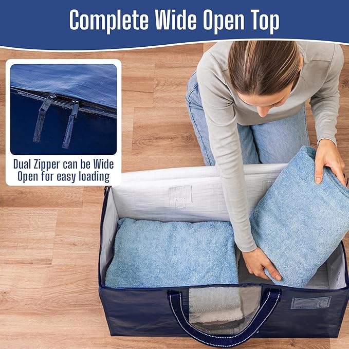 VENO 8 Pack Heavy Duty Moving Bags, Clothes and Comforter Storage Bags with Clear Window, College Dorm Essentials Packing Supplies, Foldable Boxes Alternative (Blue, 8 Pack)