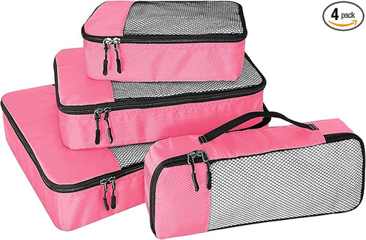 WTREE 4-Piece Packing Cubes Travel Accessories Set for Suitcases - Luggage Organizer Bags with Double Zipper - Mesh Top - Small/Medium/Large/Slim - Pink