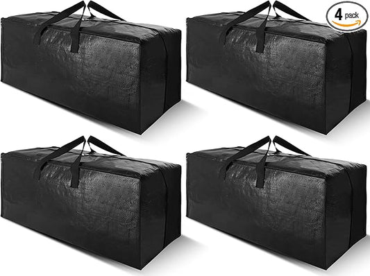 Cosy Family 4 Pack Heavy Duty Extra Large Moving Bags with Backpack Straps - Strong Handles & Zippers, Storage Totes For Space Saving, Fold Flat, Alternative to Moving Box (Set of 4, Black)