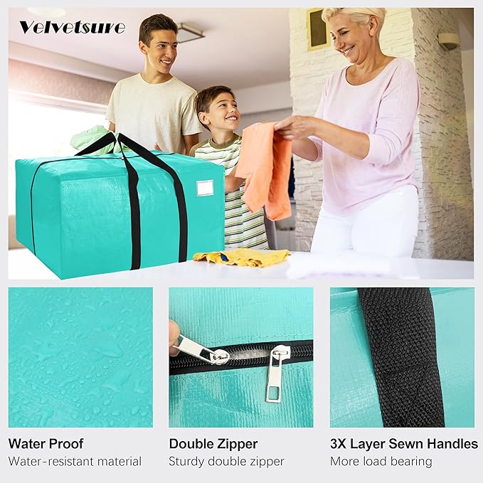 VELVETSURE 6 Pack Heavy Duty Large Moving Bags W/Backpack Straps - Strong Handles & Zippers, Storage Totes For Space Saving, Fold Flat, Alternative to Moving Box and Storage Bin, Aquamarine