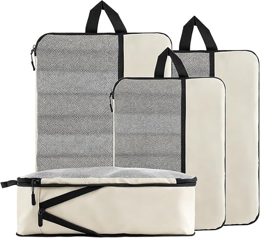 U+U 4 Set Compression Packing Cubes - Ultralight Cream Travel Organizers, Space-Saving Suitcase Organizer, Expandable Packing Cubes for Travel and Family Vacation (Cream)