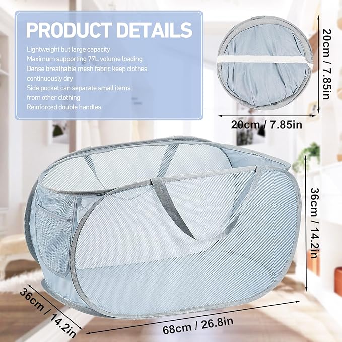 4PCS Mesh Laundry Hamper,Collapsible Laundry Baskets,75L Large Foldable Dirty Laundry Clothes Hamper Storage Basket Horizontal with Side Pocket&carry Handle for Home Travel grey Emerald
