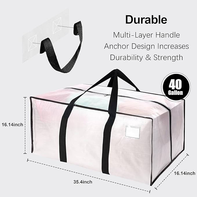 6 Pack Heavy Duty Extra Large Moving Bags W/Backpack Straps - Strong Handles & Zippers, Storage Totes For Space Saving, Fold Flat, Alternative to Box and Bin (40 gal, Semi-Transparent)